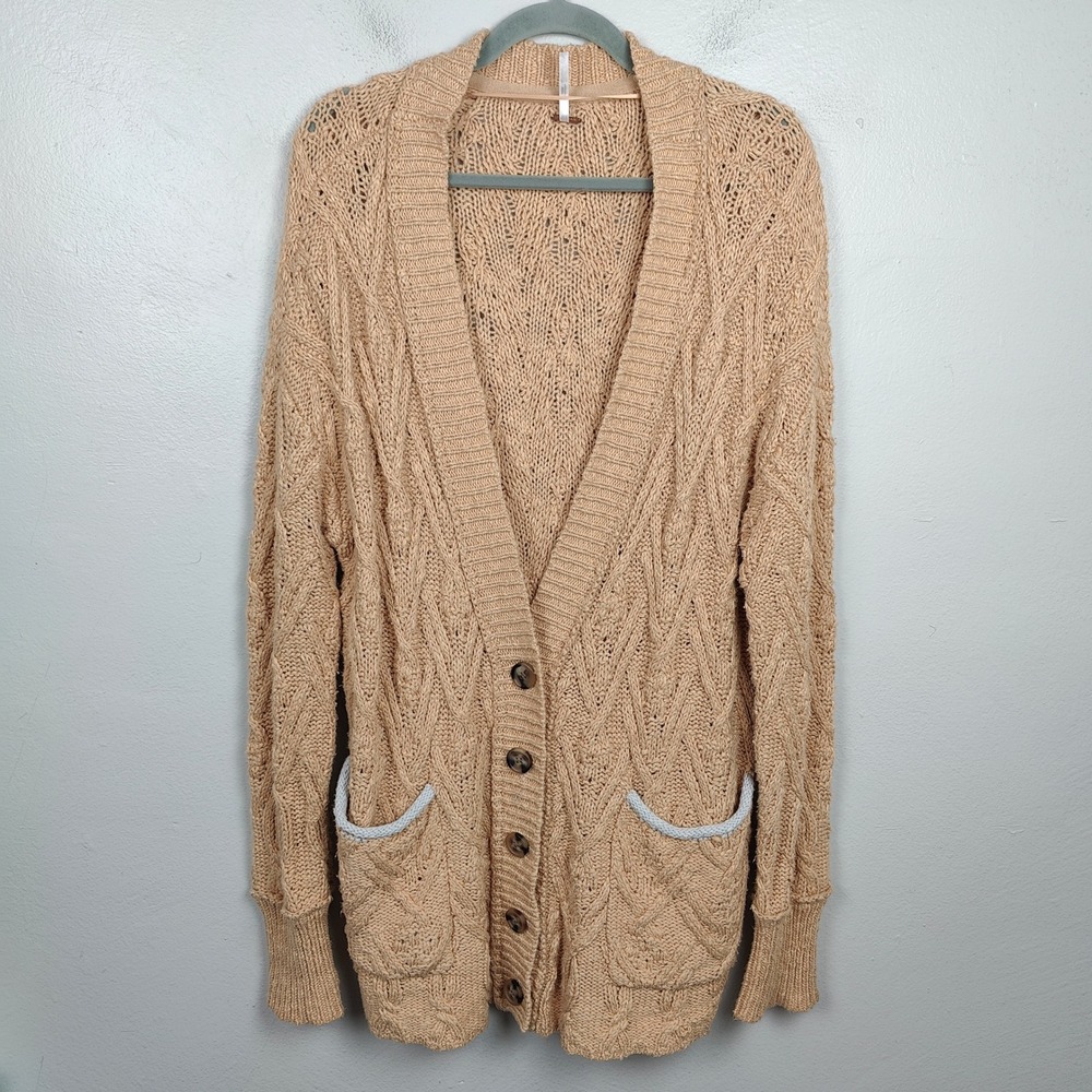 Free People Montana Cable‎ Knit Cardigan Sweater Womens Small Tan Oversized Boho - Picture 2 of 12